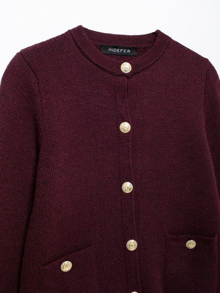 Indefeir Womens Fashionable Gold Buttoned Knitted Jacket 250106