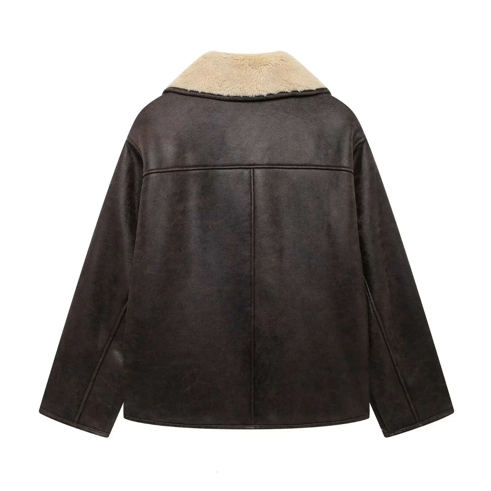 Plush Faux Leather Jackets For Women Wool Blends Thick Winter Office Single Breasted Turn-Down Collar Coat Chic Pocket Outerwear