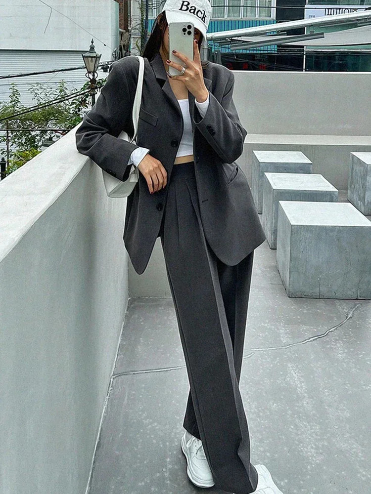 Fashion England Style Blazer Set Women Business Twopiece Suit Ladies Korean High Waist Wideleg Pants and Jacket 250106