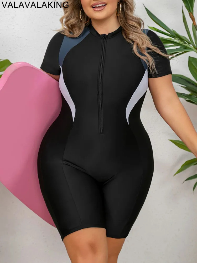 Solid Plus Size Swimwear Women Short Sleeve Large One Piece Swimsuit Lady Patchwork Big Curvy Chubby Bathing Suit 250108