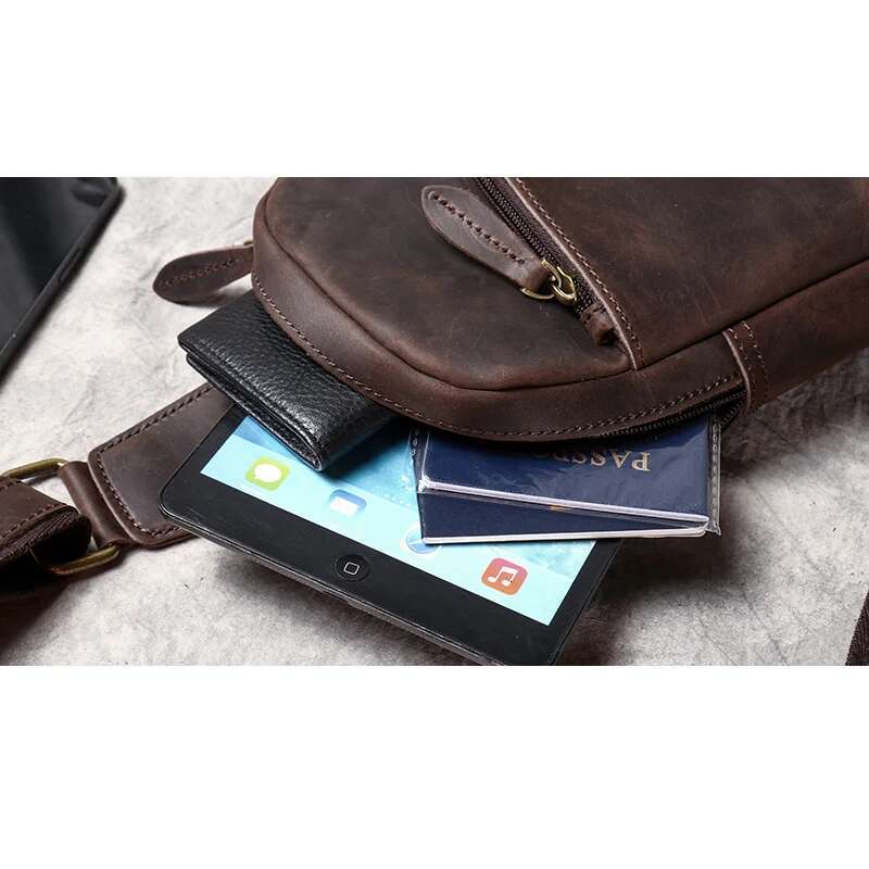 Handmade Genuine Leather Chest Sports Phone Retro Large Capacity Crossbody 7.9 Inch Mini Ipad Men's Bag Leathfocus