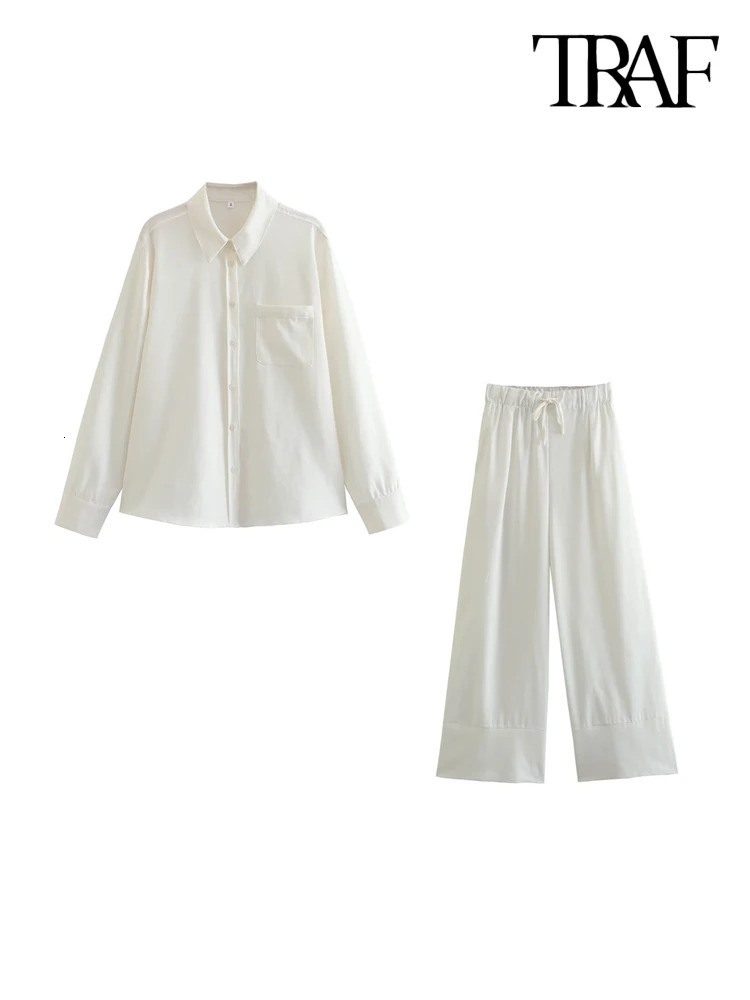 TRAF Women Fashion With Pocket Loose Linen Shirts And High Elastic Waist Wide Leg Pants Female Two Piece Sets Mujer 250106