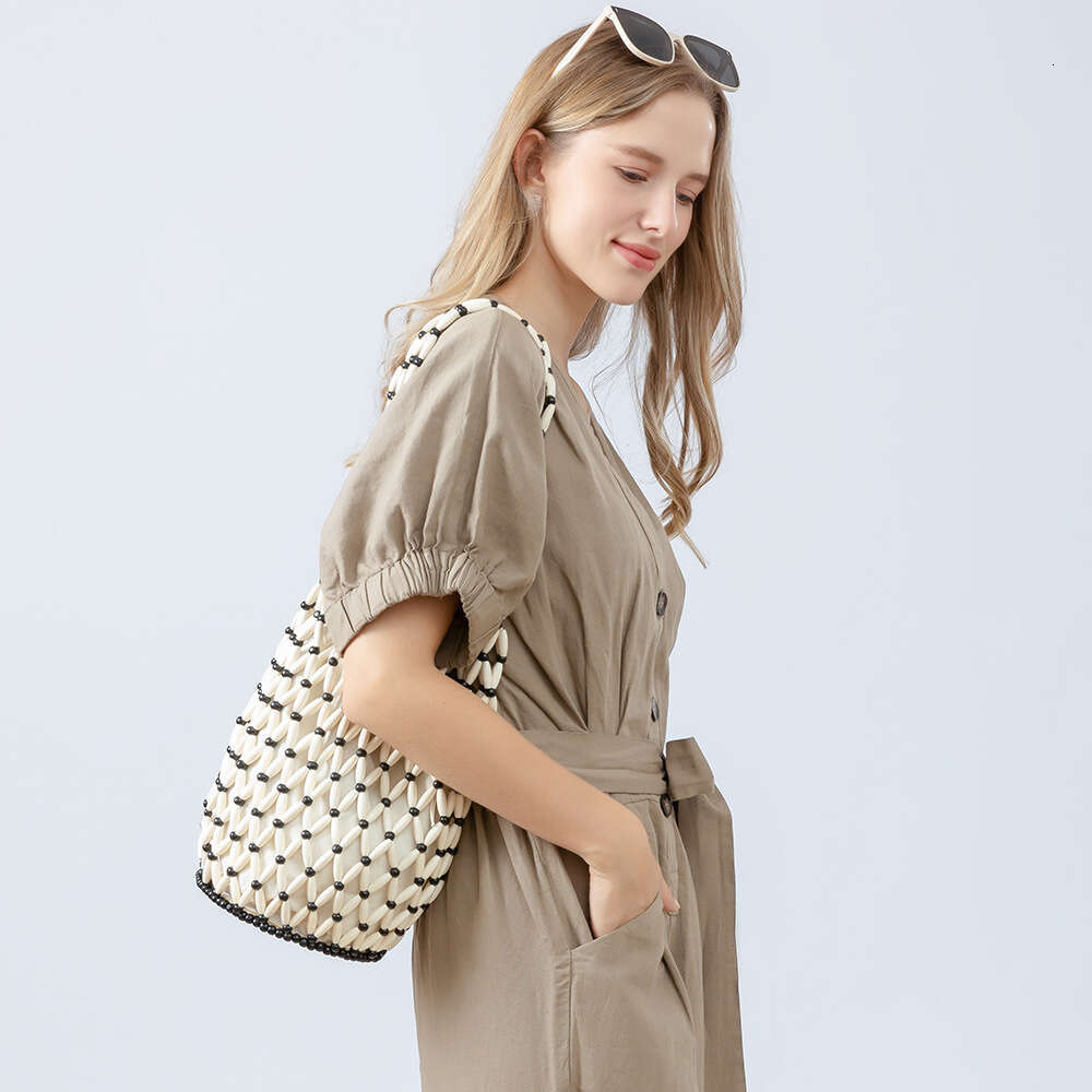 Hollow Out Handmade Woven Female Niche Design, Wooden Bead Bucket Bag, Summer Versatile Commuting Single Shoulder Women's Bags
