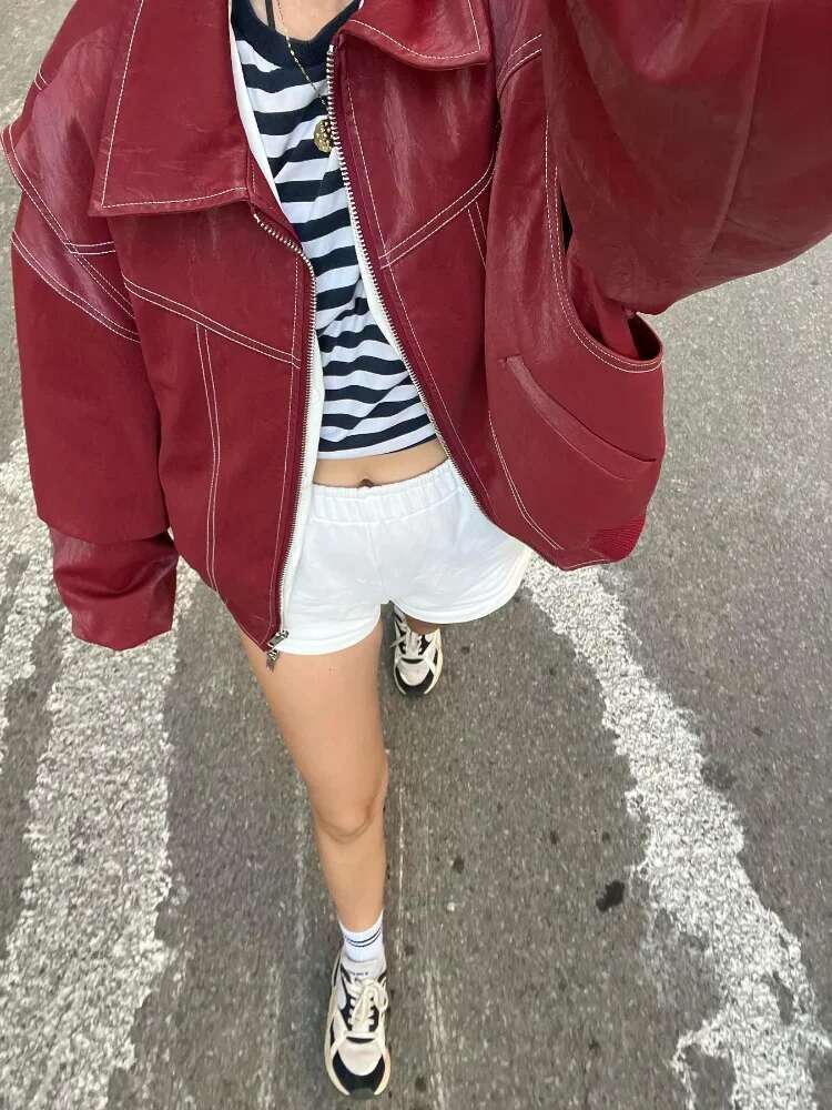 2025 Spring Red Contrast Leather Bomber Women's Jacket Fashion Zipper Front Lapel Pocket Coats New Lady High Streetwear