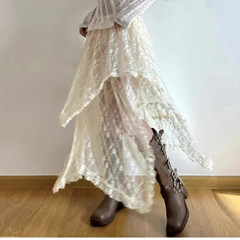 Chic Irregular Aline Skirts Fashion Holiday for Women Vintage Ruffles Floral Kintted Lace Streetwear Faldas Mujer 250106