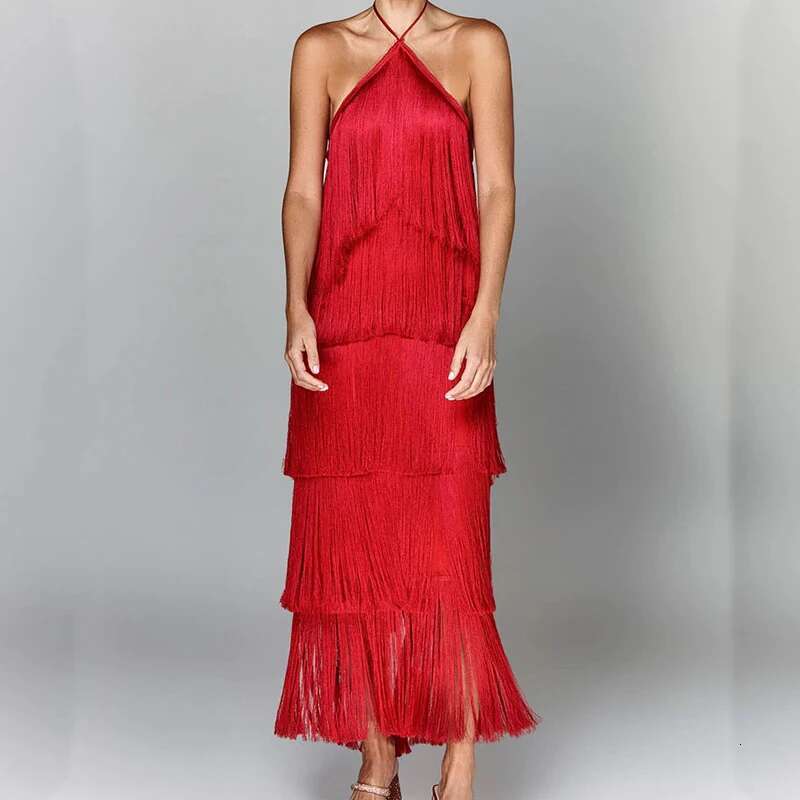 Fashion Layered Solid Color Ladies Sexy Off-Shoulder High Waist Slim Chic Club Party Fringed Sleeveless Long Dress