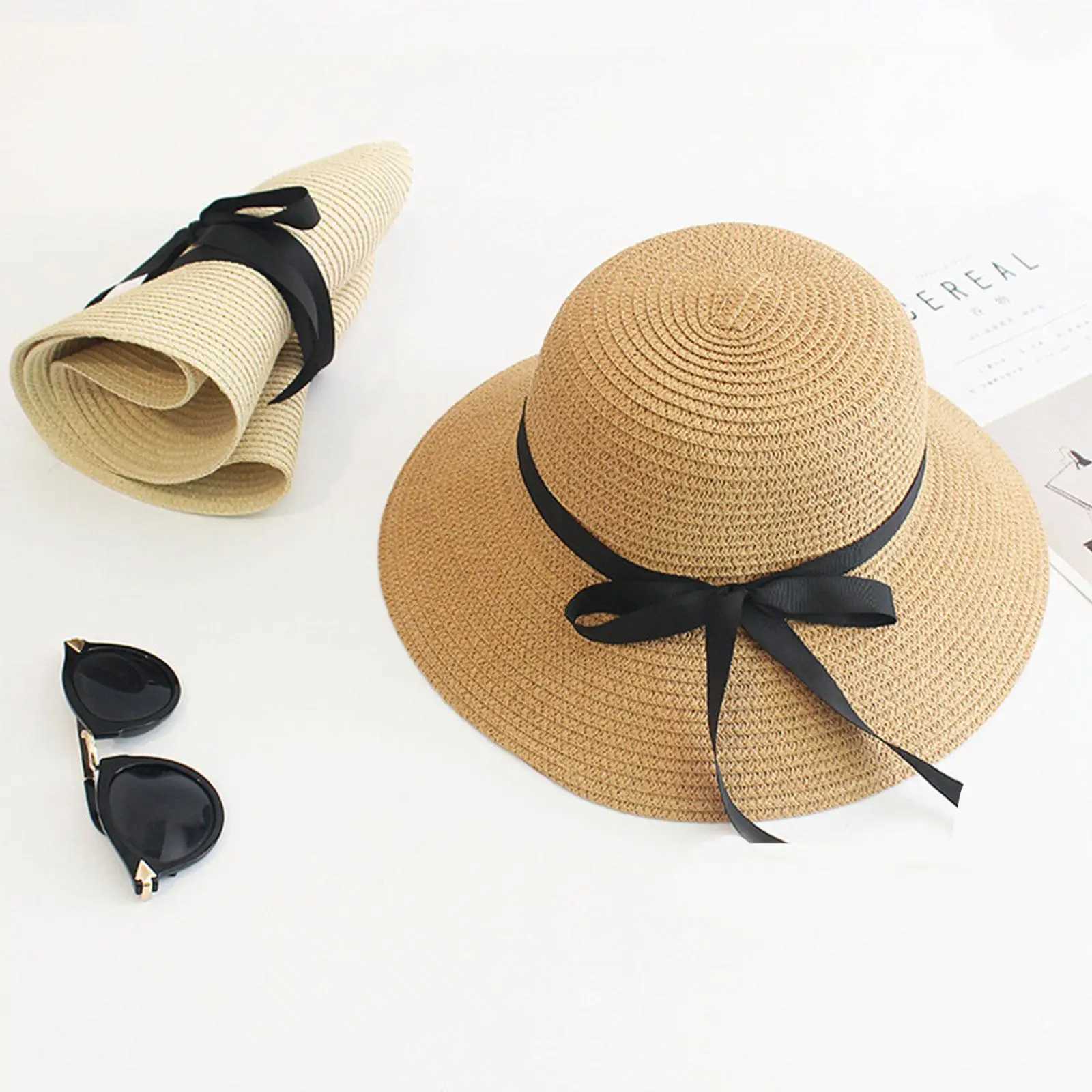 Summer straw hat wide brown foldable beach sun hat straw hat soft cushion sun hat UV protective hat womens outdoor travel straw hat X2501091