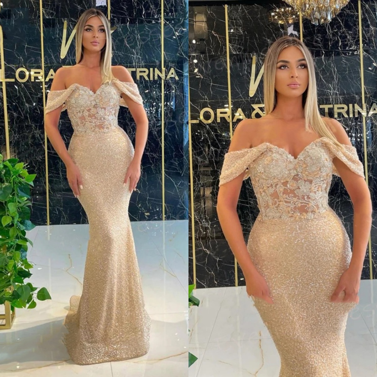 Off Shoulder Evening Dress, Sequined Appliques, Sweep Train, Custom Fit, 2024 Party Gown