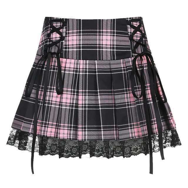 Women's Wear Up Goth Y2k Woman Skirts Pink Stripe Plaid Lace Trim Pleated School Skirt Punk Dark Academia Aesthetic E Girl Clothes