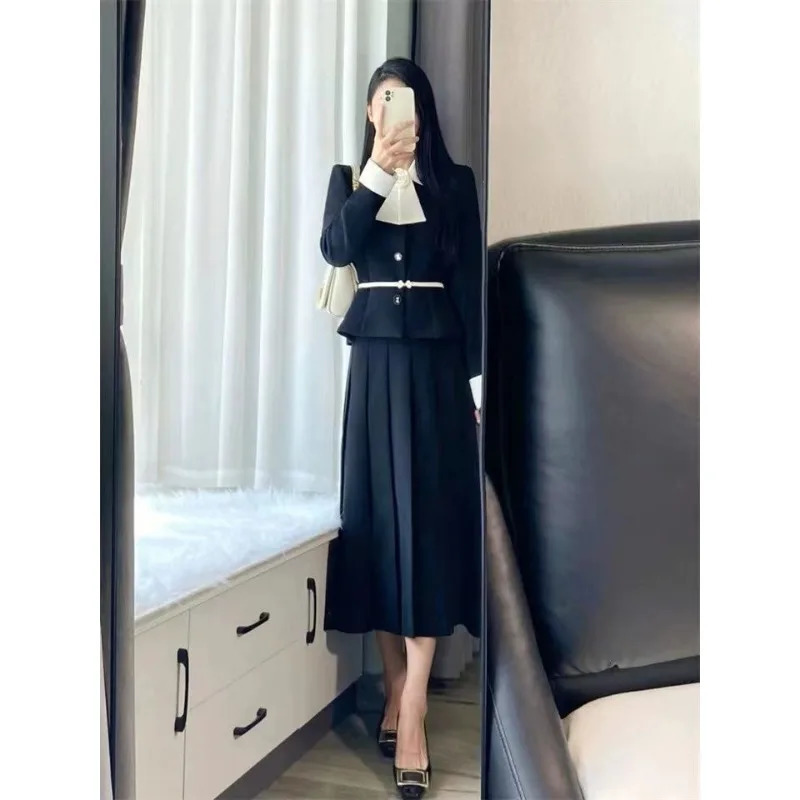 Lnsozkdg Elegant Black Splice Lapel Single Breasted Long Sleeve Contrasting Belt Womens Ruffle Coat Skirt Two Pieces Sets 250106
