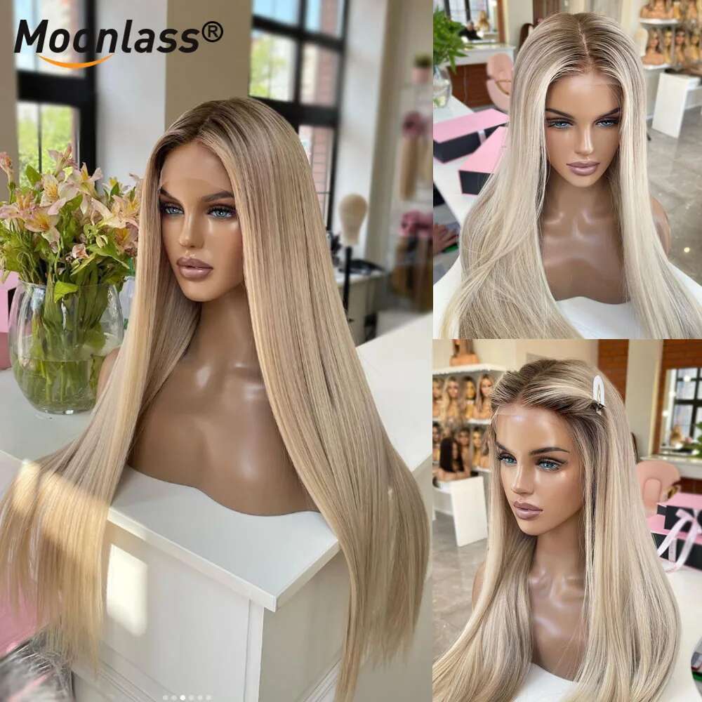 Beige Blonde Balayage Colored Glueless Human Hair Preplucked Ombre Transparent Straight 5x5 Lace Closure Wig Ready To Wear