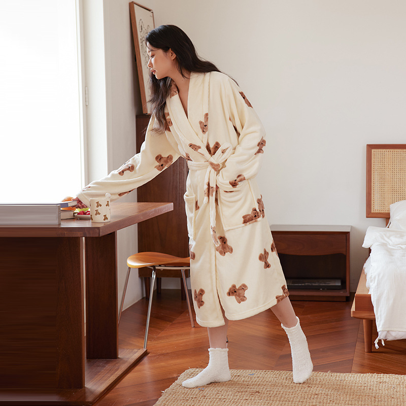 X146-European and American ladies' home clothes nightgown knitted ribbed bathrobe elastic pocket knee-length robe