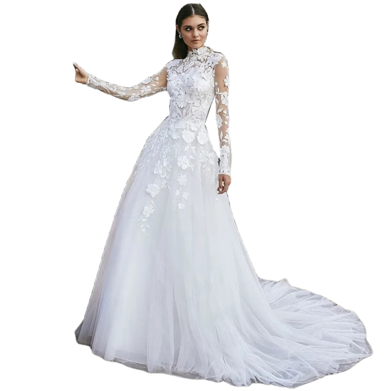 Floral Lace A-Line Wedding Dresses Long Sleeves High Neck Spring Bridal Gowns Court Train white Tulle Romantic Garden Bride Dress Custom Made 2025