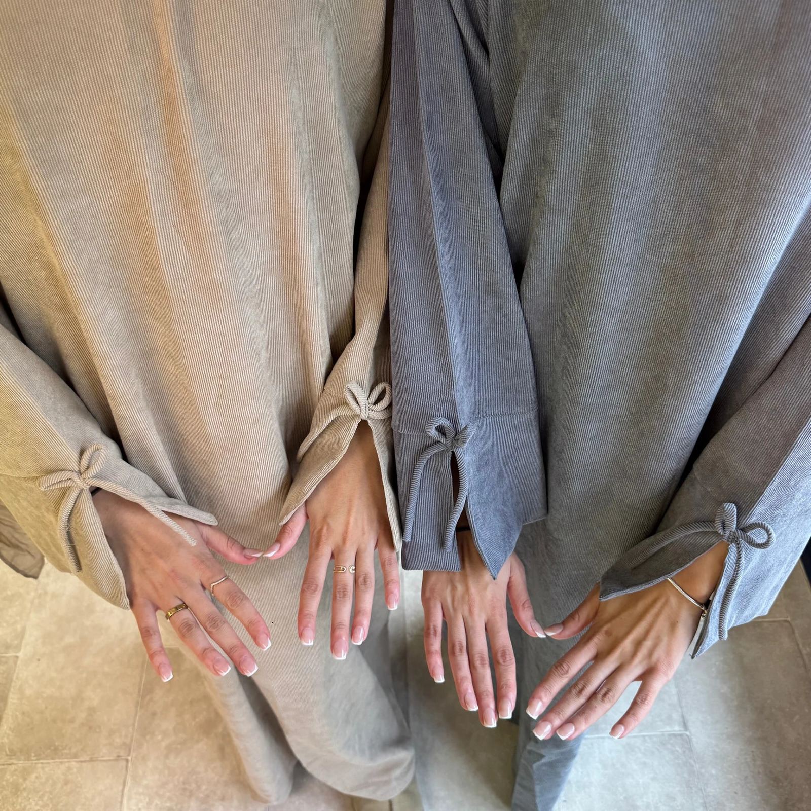 Bowknot Decorations Corduroy Abaya Muslim Women Dress O Neck Side Pockets Warm Loose Modest Islam Hijabi Robe Ramadan Autumn 250106