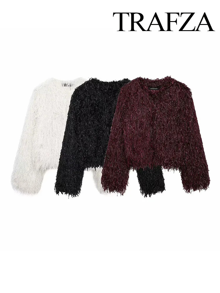 TRAFZA 2024 Womens Winter Street Short Faux Fur Casual Jacket Fashion Solid Color ONeck Long Sleeve Loose Thick 250103