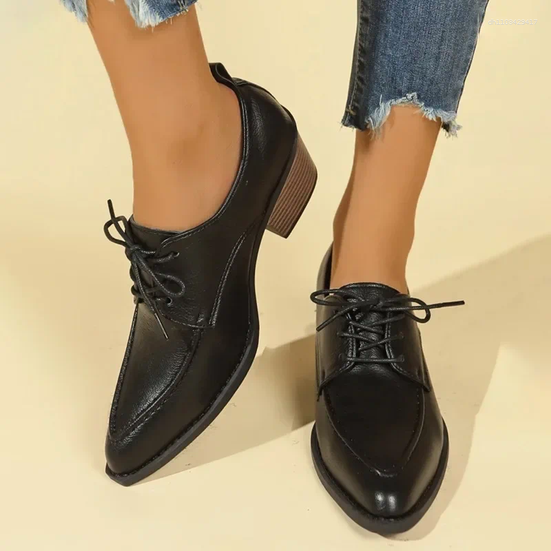 Dress Shoes Women's Coarse Heel Spring Pointy Front Lacing Splicing Leather Anti-slip Wear-resistant Low-top