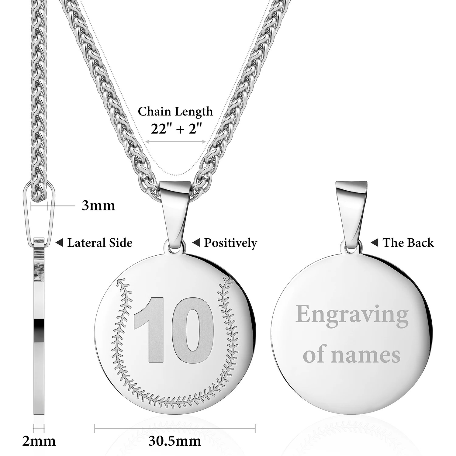 Arabic Number Stainless Steel Baseball Necklaces 099 Engraveable Name Pendant Jewelry for Men Women Gift 305mm22inch 250109