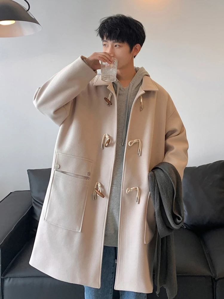Autumn Blends Men Temperament Hong Kong Style Handsome Horn Button Streetwear Teens Couple Warm Slouchy Advanced Big Pockets 250106