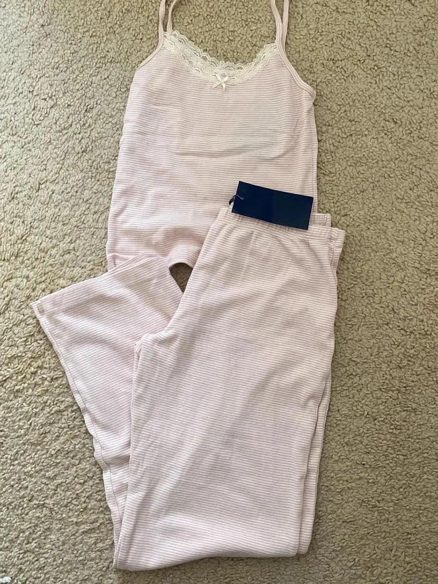 Striped Pink Vest Pants 2 Pieces Set Pajama Woman Lace Trim Bow Slim Tank Top High Waist Straight Long Pant Cotton Sweet Sets 250106