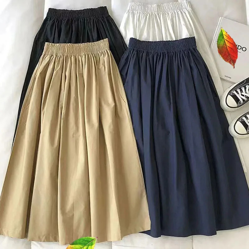 Harajuku Student Long Skirt Women Vintage Solid Color High Waist ALine Skirts Female Spring Pockets Pleated 250106
