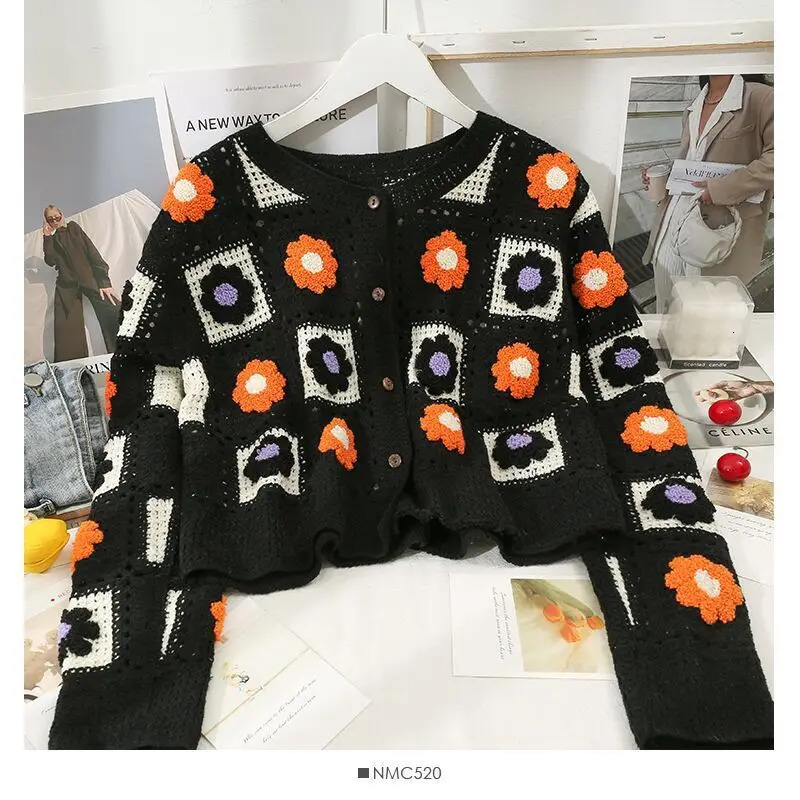 Fall Womens Crochet Cardigans Multicolor Y2k Vintage Knitted Sweaters Long Sleeve Loose Coats Warm Sweaters 3 Colors 250106