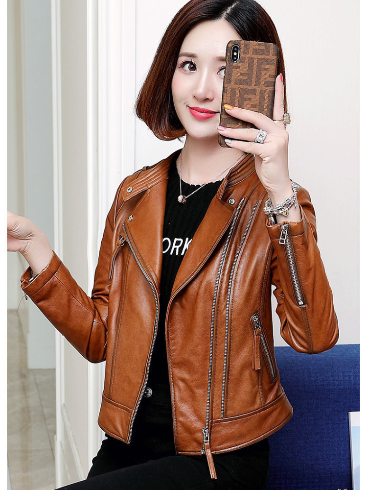 574Y946 Spring and Autumn Women's Jacket Leather Short Sheepskin Slim Fit and Slimming Motorcycle Suit Wholesale and Customization