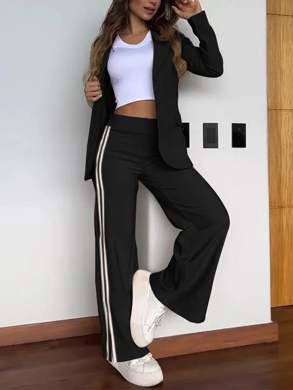 Autumn Elegant Office Lady Suit Fashion Lapel No Buckle Blazer Striped Side Split Straight Trousers Two Piece Set Woman 250106