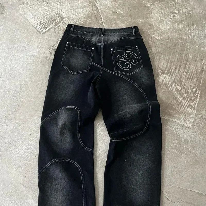 Y2K fashionable retro black men patchwork jeans loose Gothic high waisted Harajuku washed punk straight leg pants 250109