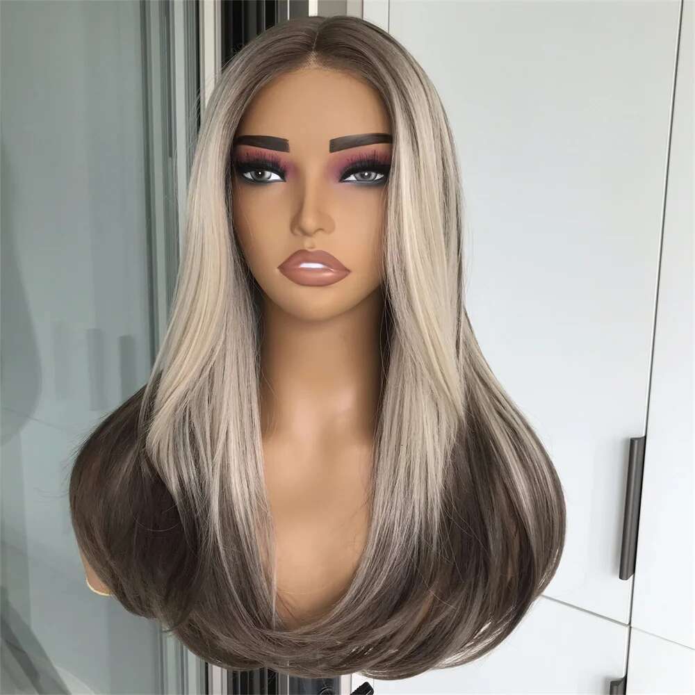 Wear And Go Layered Cut Pre Plucked Beginner Synthetic Lace Front Wig With Bangs Straight Wigs For Women Highlights