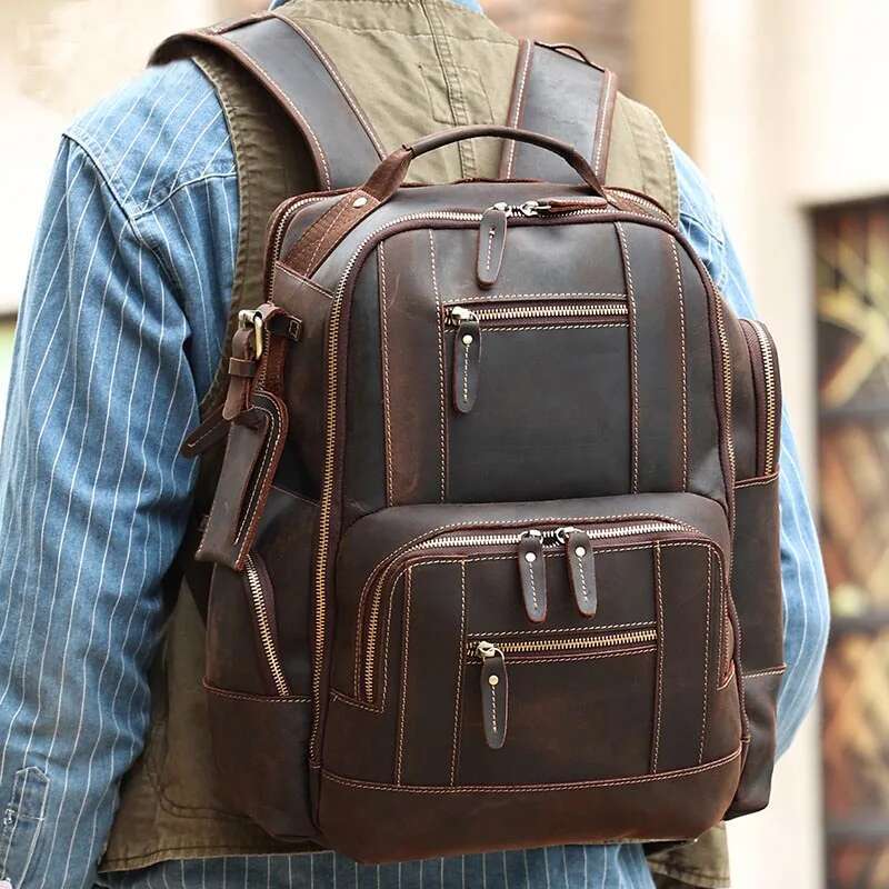 Luufan Vintage Genuine Man's Backpack Fit 15" Laptop Daypack Real Leather School Bag Big Travel Rucksack For Man