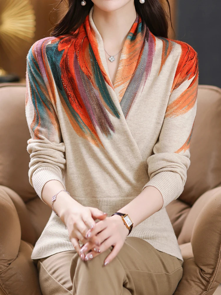 Print Sweater Tops Autumn Korean Fashion Women Clothing Long Sleeve Pullover Knitwears V Neck Womens Sweaters 250108