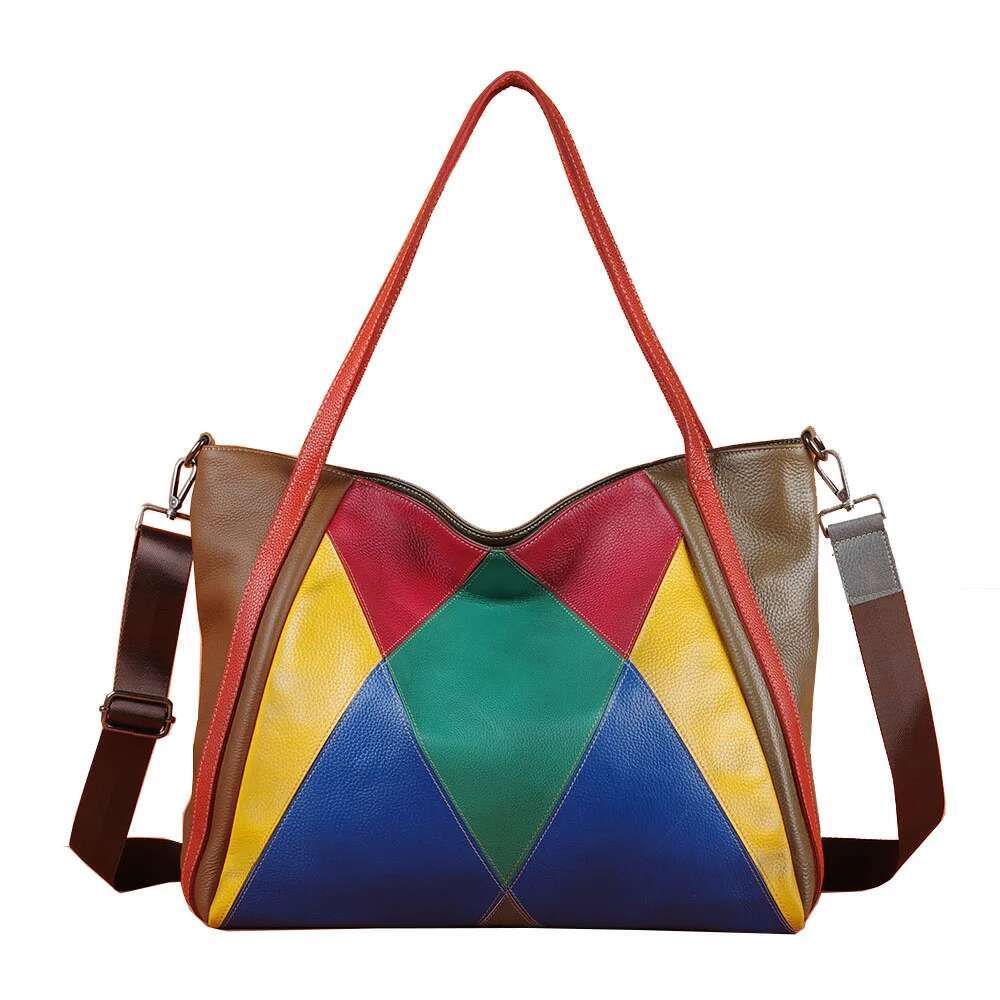 Fashion Genuine Leather Multicolour Handbags Casual Women Girl Cowhide Big Bag Designer Patchwork Female Shoulder Crossbody Bags