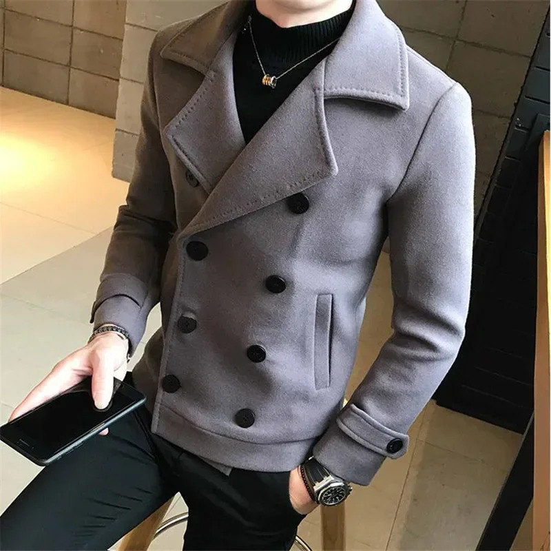 2023 Fashion Men DoubleBreasted Windbreaker Solid Color Slim Short Woolen Coat Winter Casual Warm Size 5XL 250106