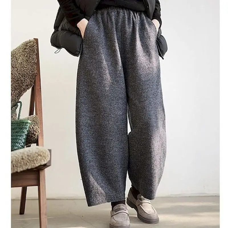 Lantern Pants Women Woolen Fabric Solid n Casual Loose Korean Fashion Elastic Waisted Trousers Clothing Harem 250108