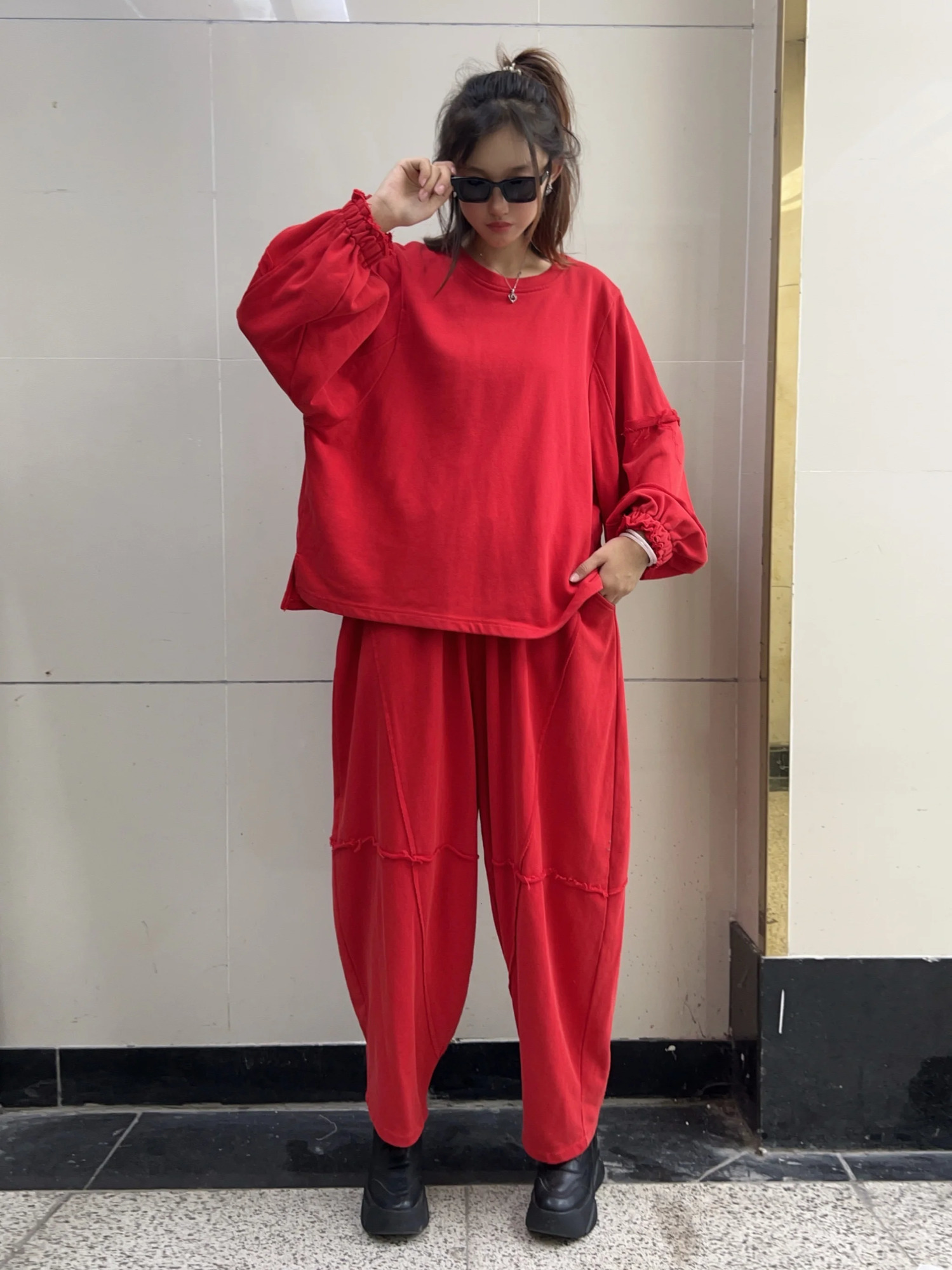 Vintage Fashion Long Sleeved Round Neck Loose Hoodie Casual Harem Pants Twopiece Set Spring Autumn Women ZF423 250106