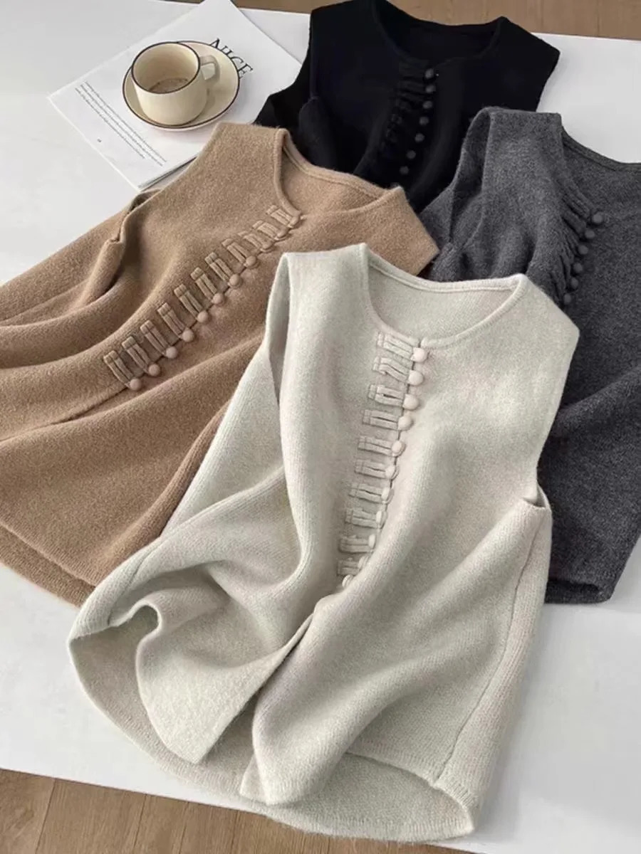 Fashion Autumn Winter Round Neck Solid Color Button Cardigan Sleeveless Sweater Knitted Vest Womens Clothing Basic Tops 250108