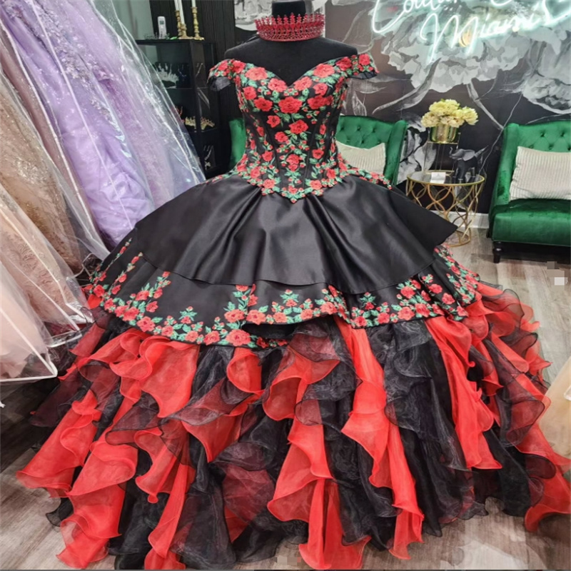 Folklorico Mexican Quinceanera Dresses Mariachi Black And Red Gothic Vestio De Novias 2025 Sweet 16 Dress Masquerade Fifteen Birthday Dress Vestio De 