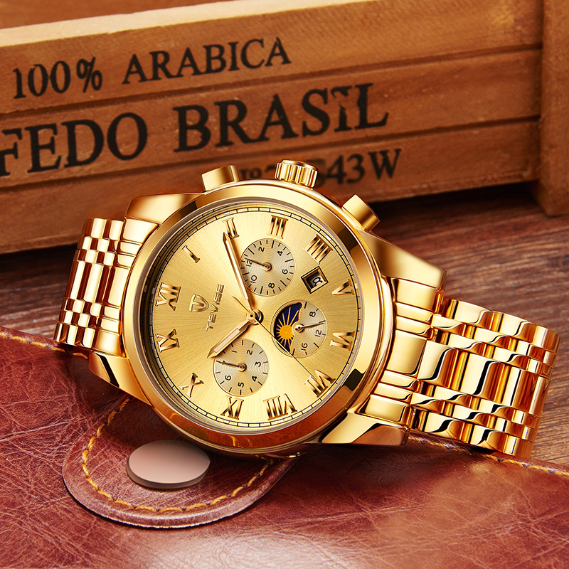 TEVISE Moonwatch Watch Mens Hollow-out Luminous Automatic Mechanical Watch with Stainless Steel Strap Business Wristwatch for Men T040-9005