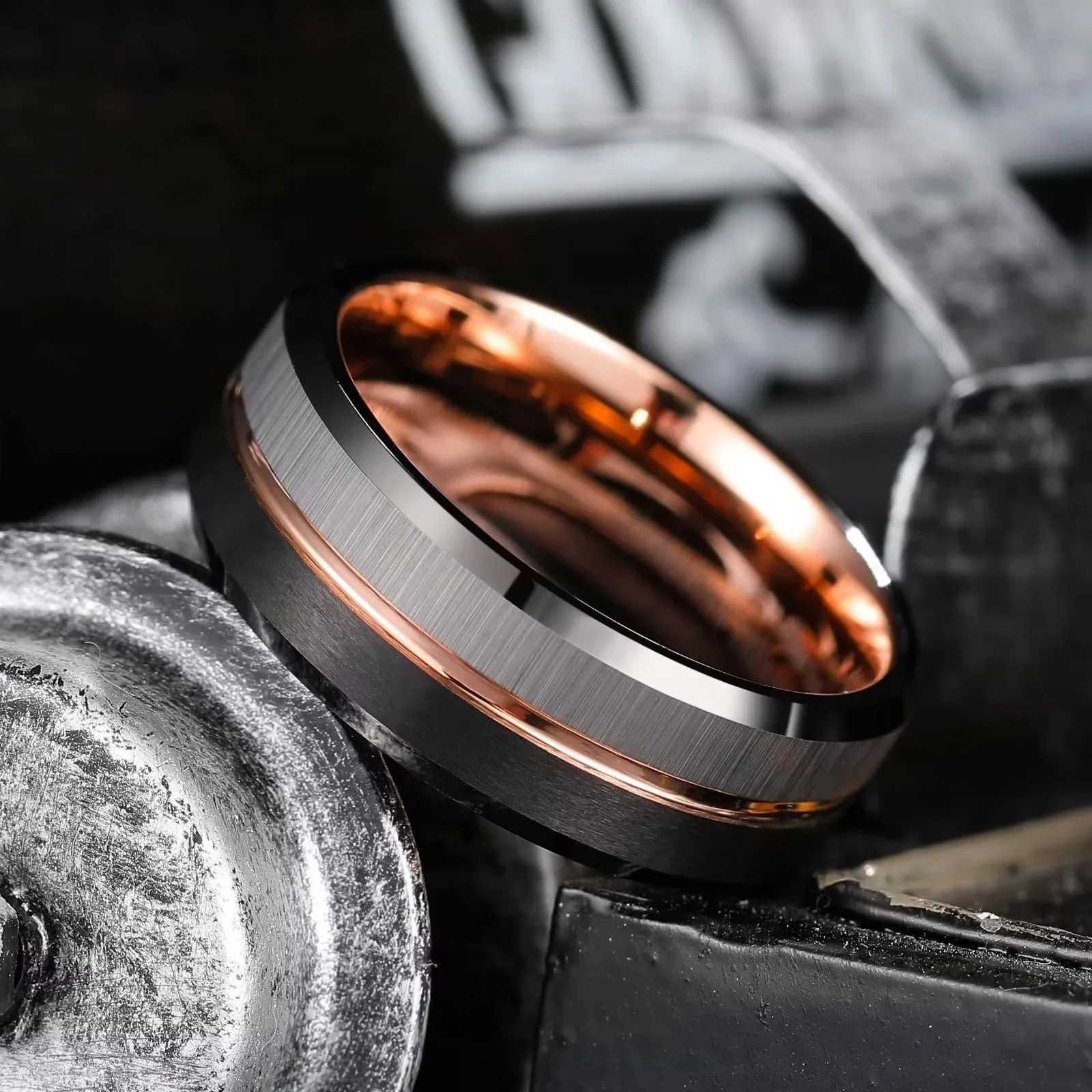 Fashionable 8mm mens black brushed stainless steel ring rose gold colored wire groove edge mens ring wedding jewelry wholesale W250109