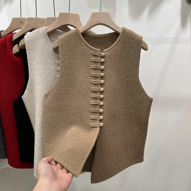 Fashion Autumn Winter Round Neck Solid Color Button Cardigan Sleeveless Sweater Knitted Vest Womens Clothing Basic Tops 250108