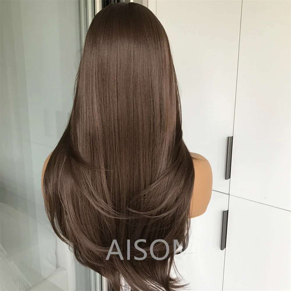Chocolate Brown Layered Straight Front Synthetic Hair Pre Plucked Highlight Blonde Colored Lace Wig For Black Women