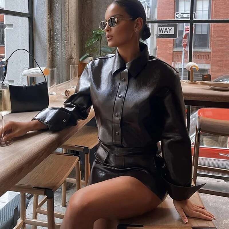 Vintage Women Leather Lapel Single Breasted Slim Fit Mini Retro Fashin Female Suit 2024 Lady Jacket Skirt Sets