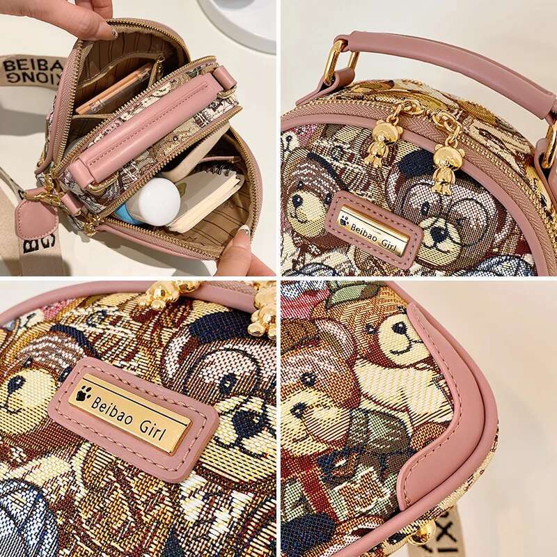 Beibaobao Brand Circular Women's 2023 Trend Crossbody For Girl Fashion Bear Jacquard Pattern Lady Shoulder Bag Handbag