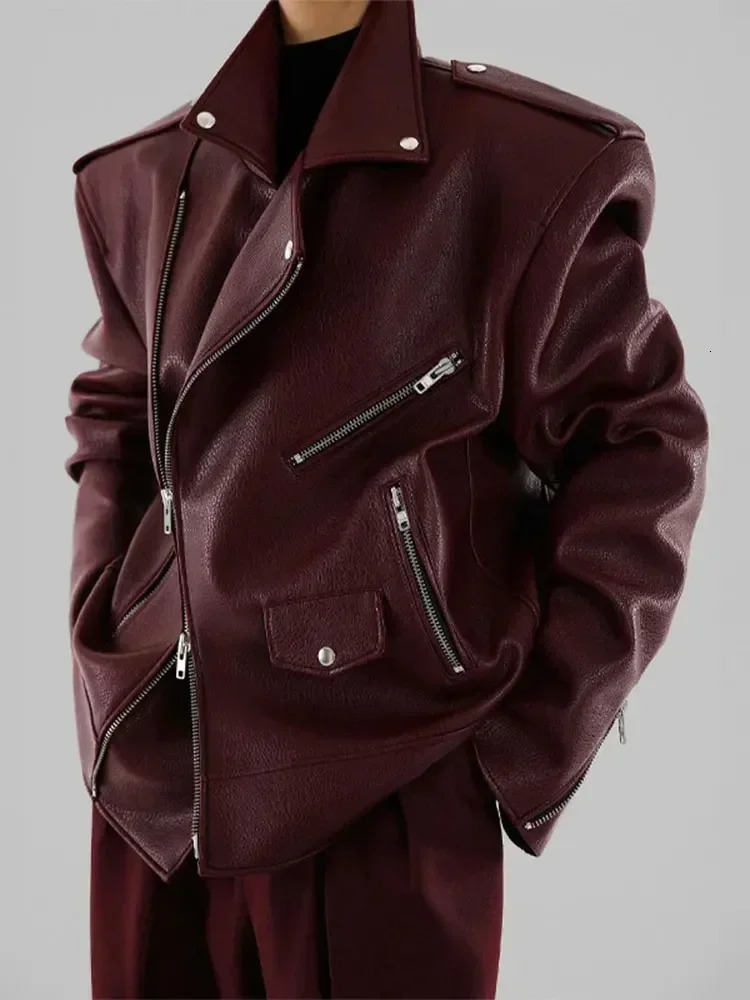 Elegant Women Burgundy Leather Jacket Fashion Lapel Double Zipper Long Sleeves Coats Autumn Chic Lady Commuting Street Outwears 250103