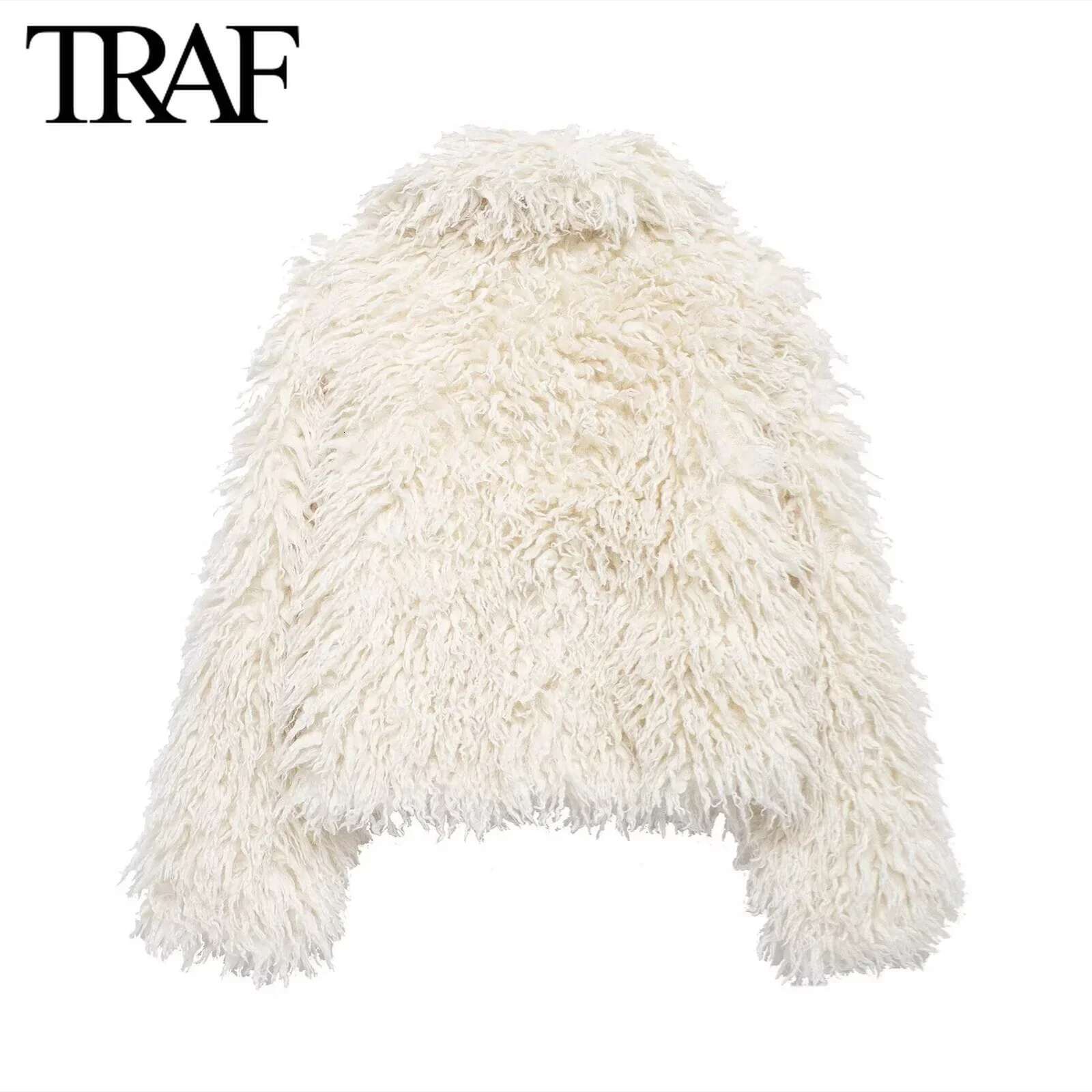 TRAF Faux Jacket For Women Fashion 2024 Winter New Long Sleeve Artificial Fur Effect Short Coat Chic Ladies Tops Mujer