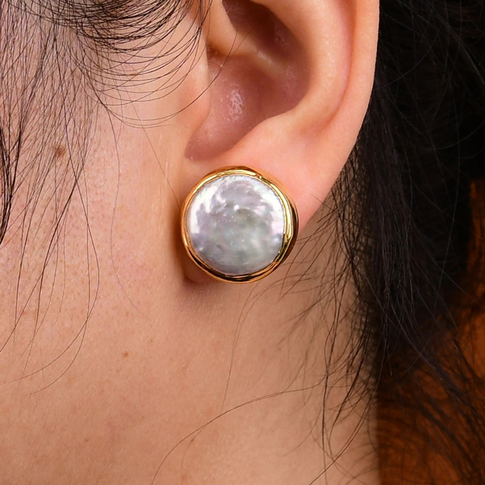 G-G Natural Culture White Coin Pearl Big Casey Pearl Stud Earrings Gold Plated Classic Earrings Wedding Jewelry Gifts 250109