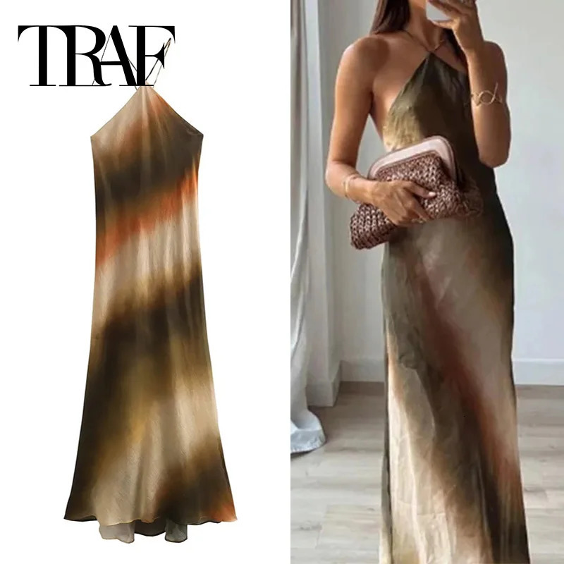 TRAF Tie dye Halter Long Dress Women Off Shoulder Sleeveless Backless Summer Vintage Dresses Woman Party 250106