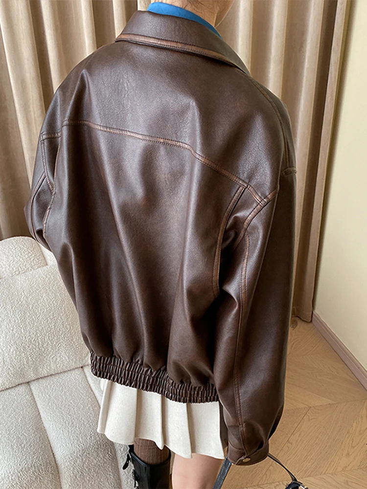Vintage Maillard Leather Jacket Silhouette Craft PU Motorcycle Top Women Loose Thickened Brown Coat Spring Autumn 250103
