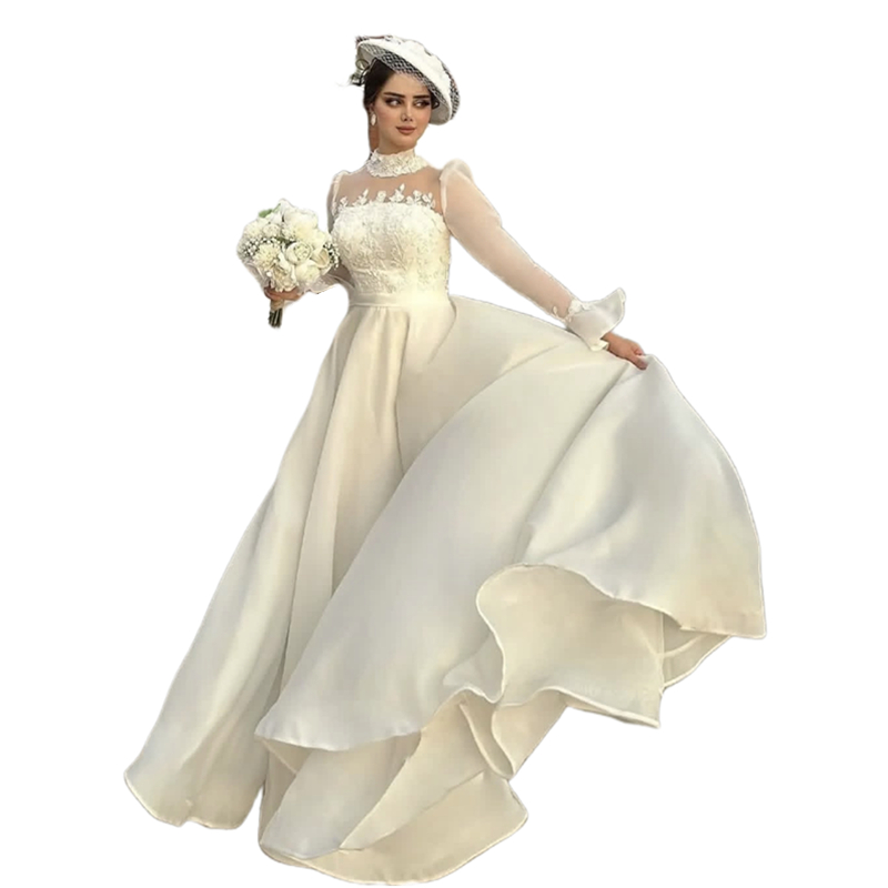 Elegant Ivory A-Line Wedding Dresses Long Sleeves Garden Bridal Gowns Lace Appliques Illusion High Neck Bride Dress 2025 Simple Satin Vestido De Novia