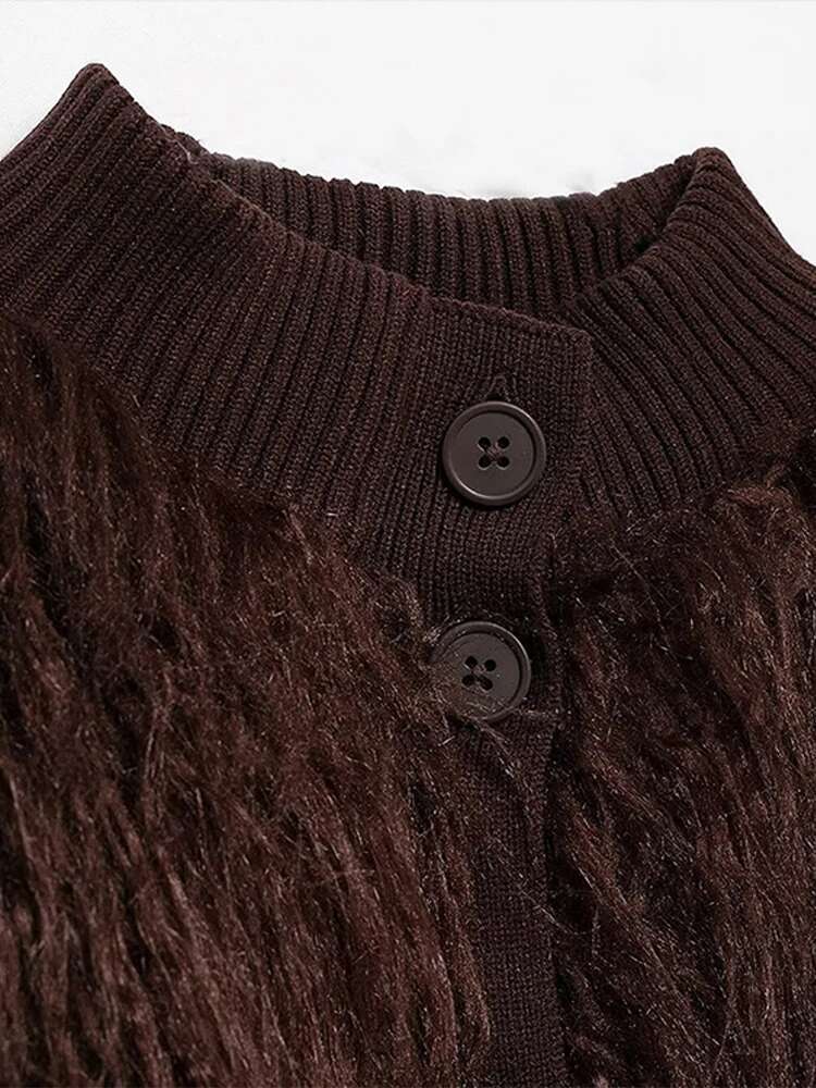 Classic Faux Fur Knitted Coat Vintage Fashion Fluffy Overcoat Round Neck Elegant Women Plush Outwear Winter Streetwear
